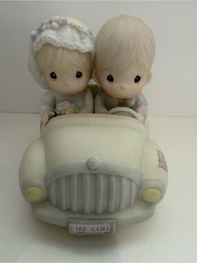 Precious Moments Bride and Groom in Cream Car with 3 cans trailing Figurine